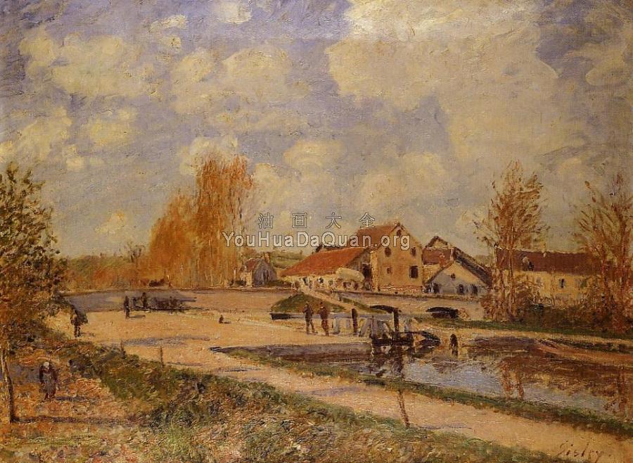 The Bourgogne Lock at Moret, Spring - 阿尔弗莱德·西斯莱
